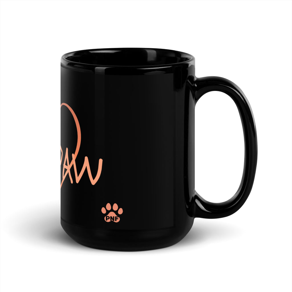 Black glossy ceramic mug with the word “Gracepaw” in rose-gold lettering and a heart-and-crown design — symbolizing faith, love, and the bond between pets and their owners.