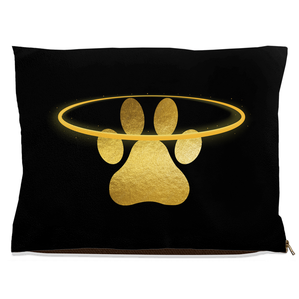 DogBed-Fleece-30x40-20251103194803940-Black pet bed with glowing gold paw print and halo design.