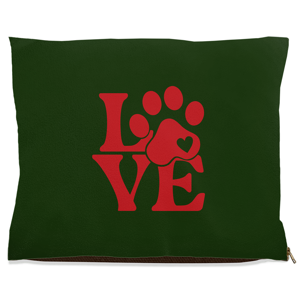 Green fleece pet bed with red LOVE text and pawprint heart design – Christian pet bed for dogs and cats.