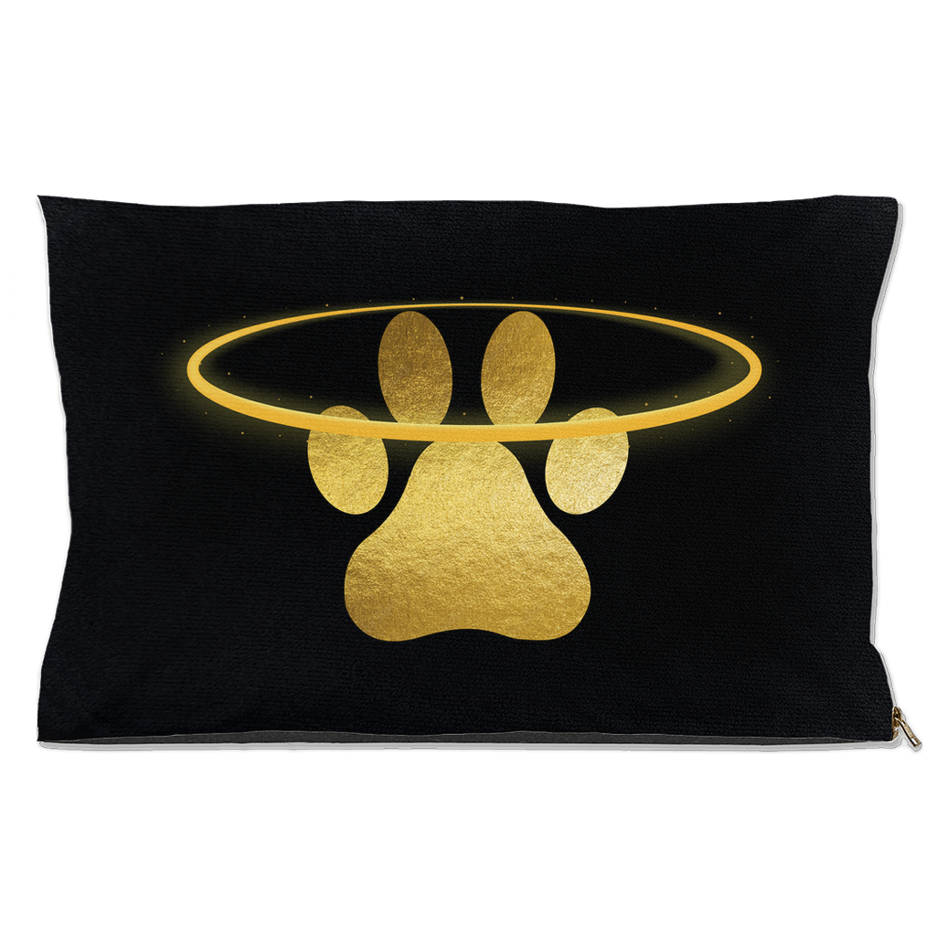 DogBed-Outdoor-18x28-20251103194803940-Black pet bed with glowing gold paw print and halo design.