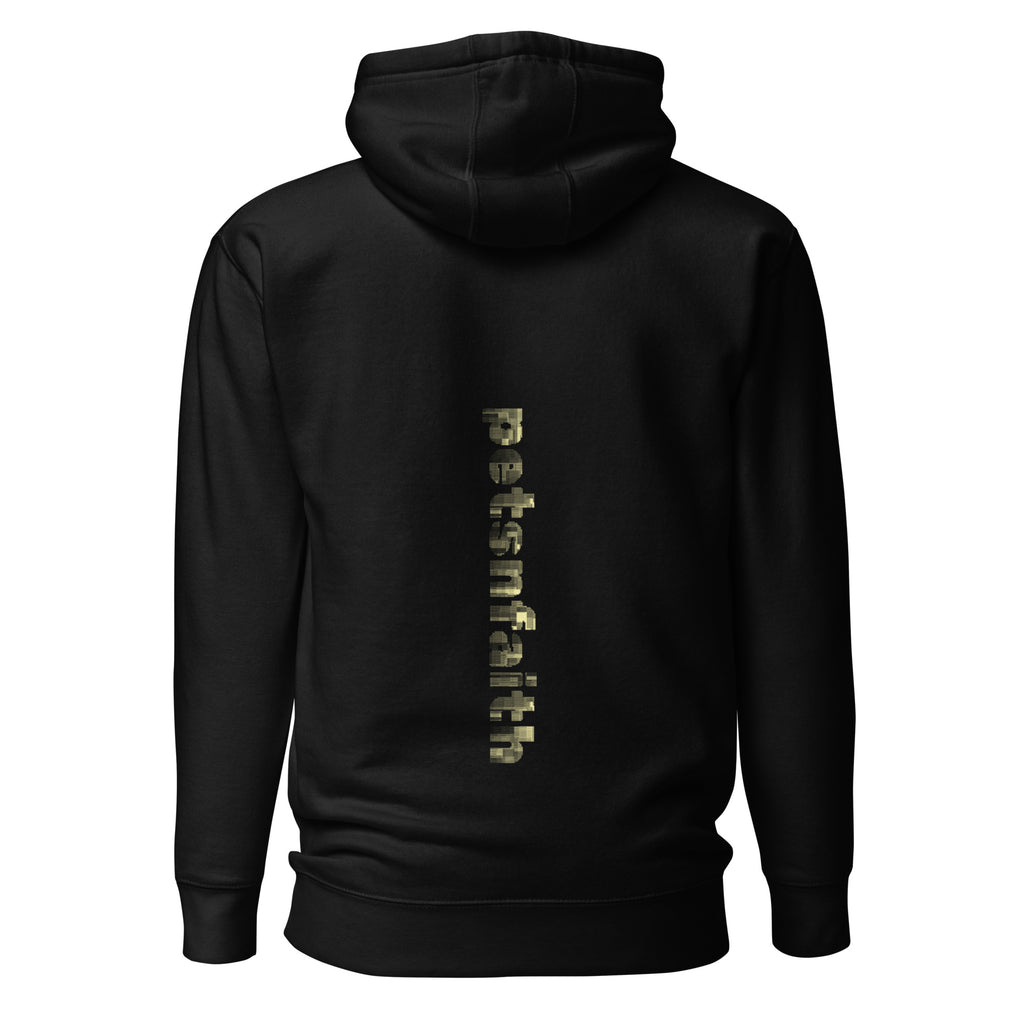 Back view of black Unisex Pets N’ Faith Hoodie with large yellow PNF logo and paw print
