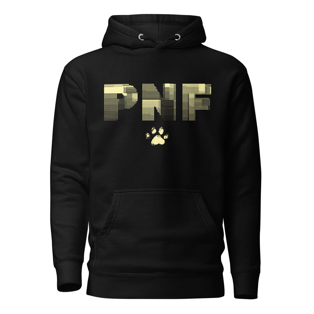 Front view of black Unisex Pets N’ Faith Hoodie with large yellow PNF logo and paw print
