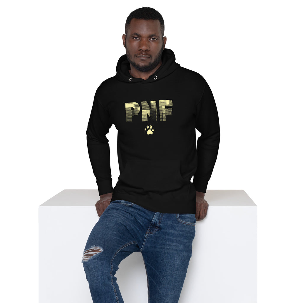 Front view of black Unisex Pets N’ Faith Hoodie with large yellow PNF logo and paw print