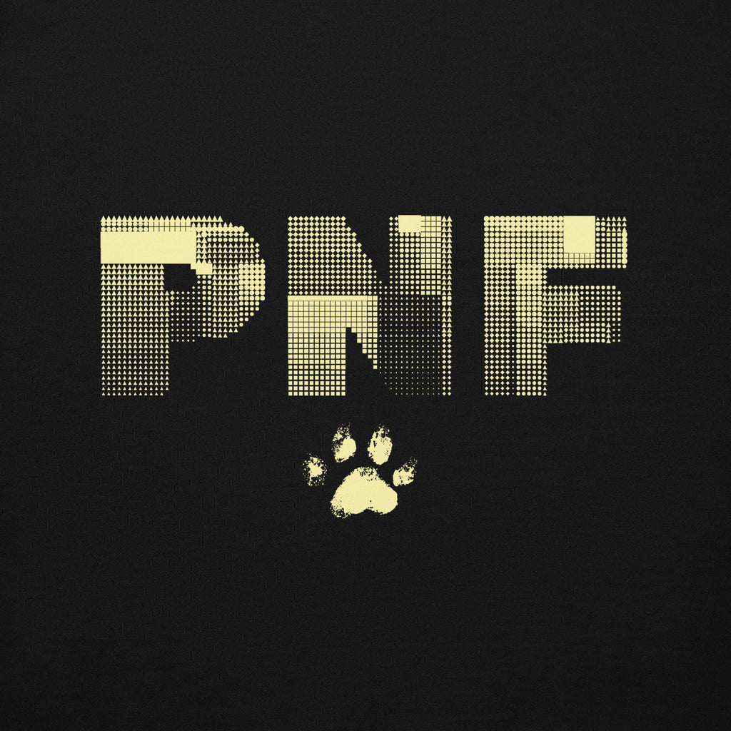 Front view of black Unisex Pets N’ Faith Hoodie with large yellow PNF logo and paw print