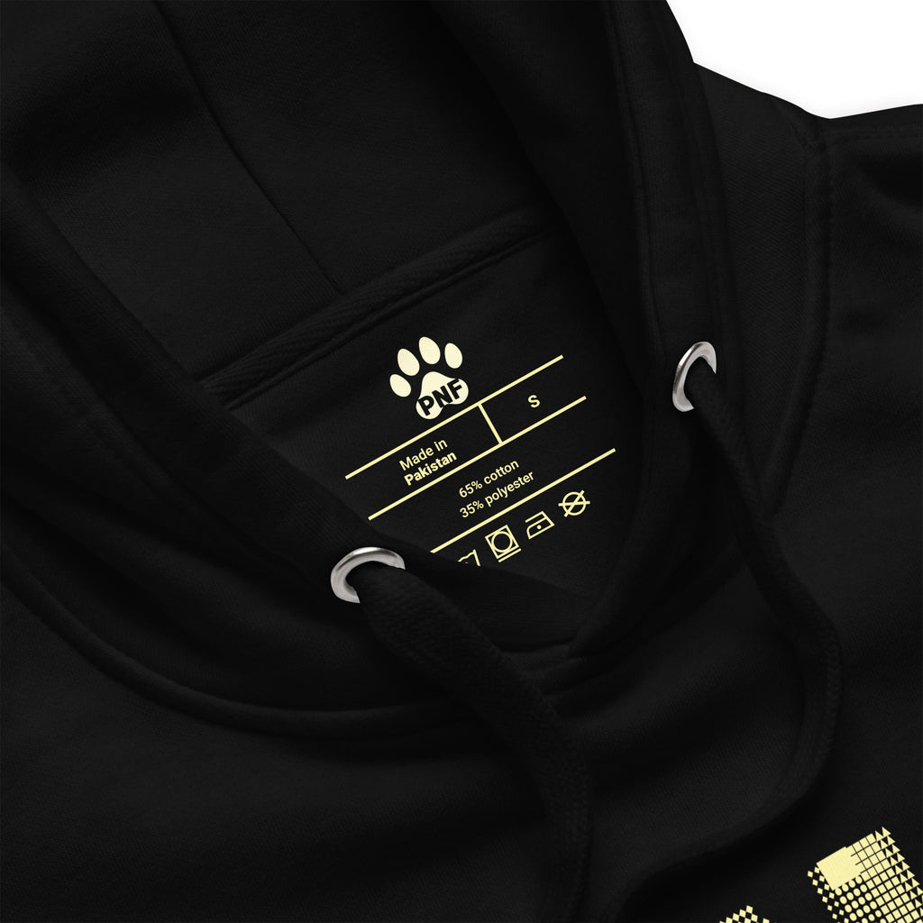 Front view of black Unisex Pets N’ Faith Hoodie with large yellow PNF logo and paw print