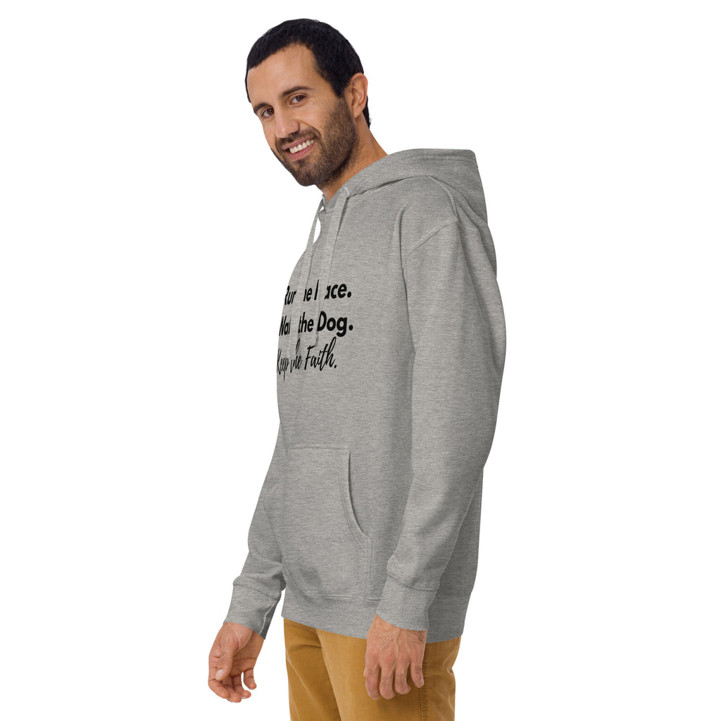 Gray unisex hoodie featuring black text that reads ‘Run the Race. Walk the Dog. Keep the Faith.’ Christian pet lover apparel by Pets N’ Faith.