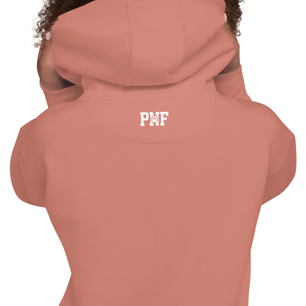 Back view of dusty rose Unisex Pets N’ Faith Est. 2022 hoodie with white text design