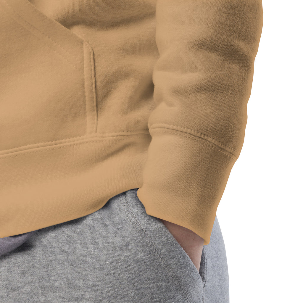 Khaki unisex hoodie featuring black text that reads ‘Run the Race. Walk the Dog. Keep the Faith.’ Christian pet lover apparel by Pets N’ Faith.