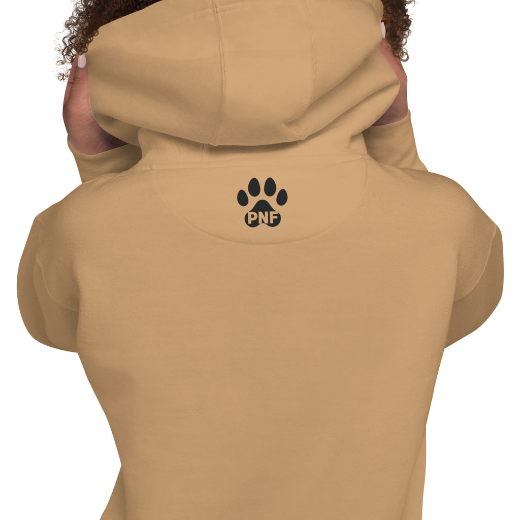 Khaki unisex hoodie featuring black text that reads ‘Run the Race. Walk the Dog. Keep the Faith.’ Christian pet lover apparel by Pets N’ Faith.