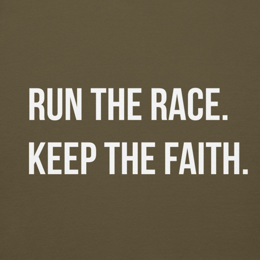 Military green unisex hoodie with bold white text reading ‘Run the Race. Keep the Faith.’ Christian inspirational hoodie by Pets N’ Faith