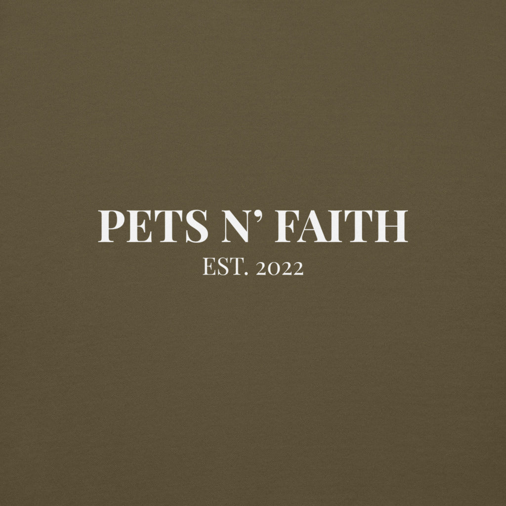 Front view of military green Unisex Pets N’ Faith Est. 2022 hoodie with white text design