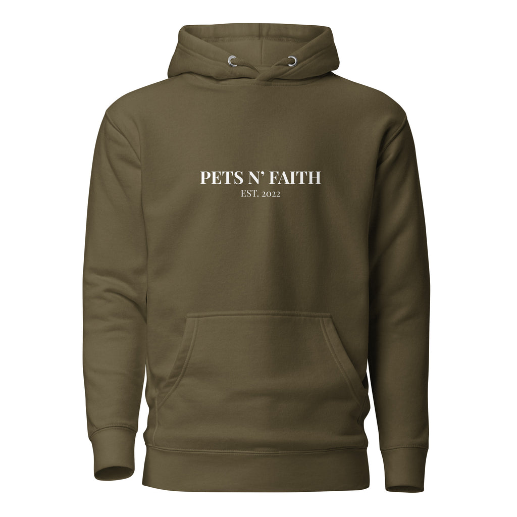 Front view of military green Unisex Pets N’ Faith Est. 2022 hoodie with white text design