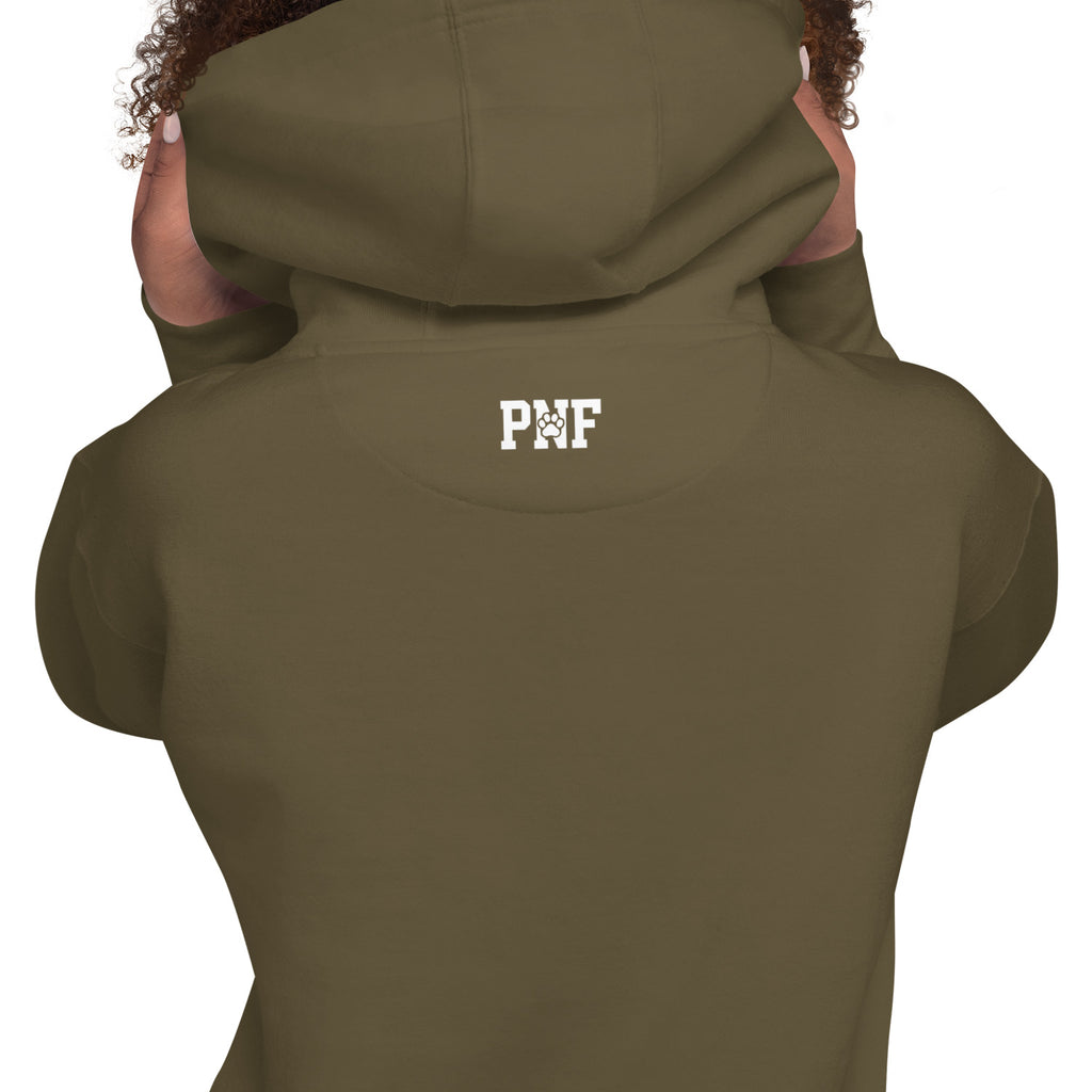 Back view of military green Unisex Pets N’ Faith Est. 2022 hoodie with white text design