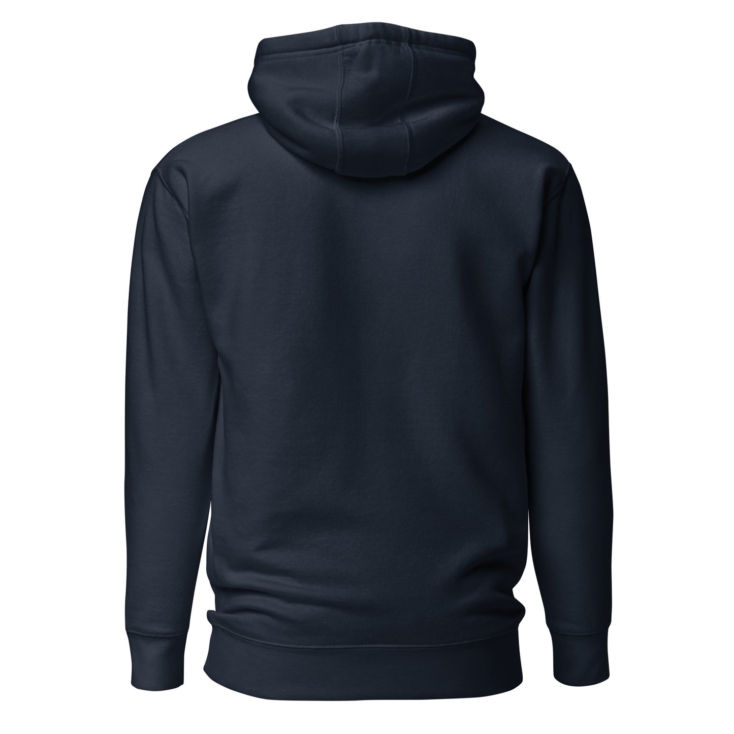 Navy blue hoodie shown from the back on a white background