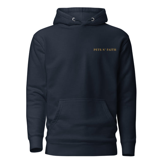 Navy blue hoodie with 'PETS N' FAITH' text on a white background