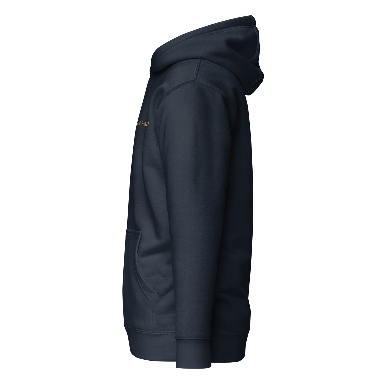 Navy blue hoodie with a brand logo on the chest against a white background