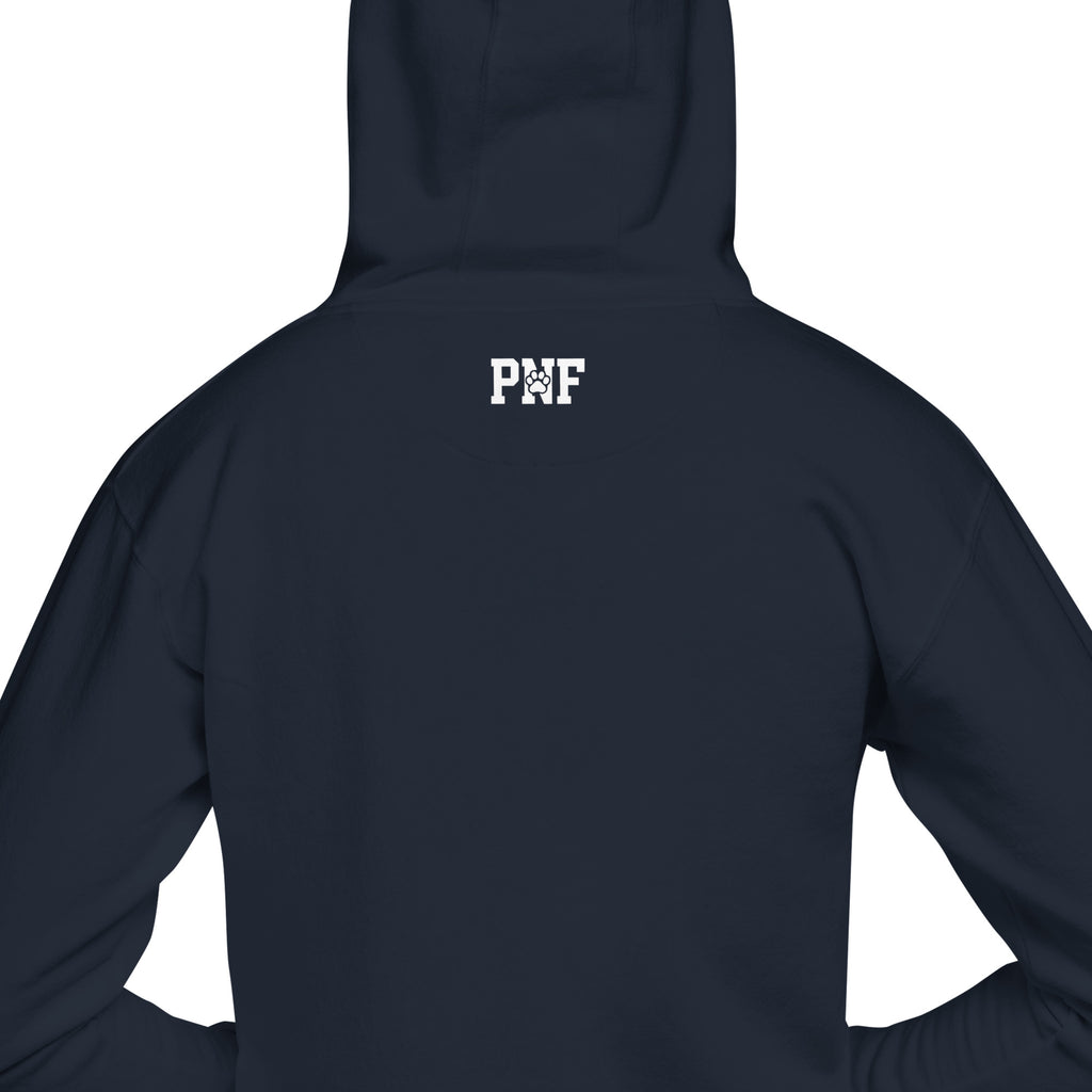 Back view of navy blue Unisex Pets N’ Faith Est. 2022 hoodie with white text design