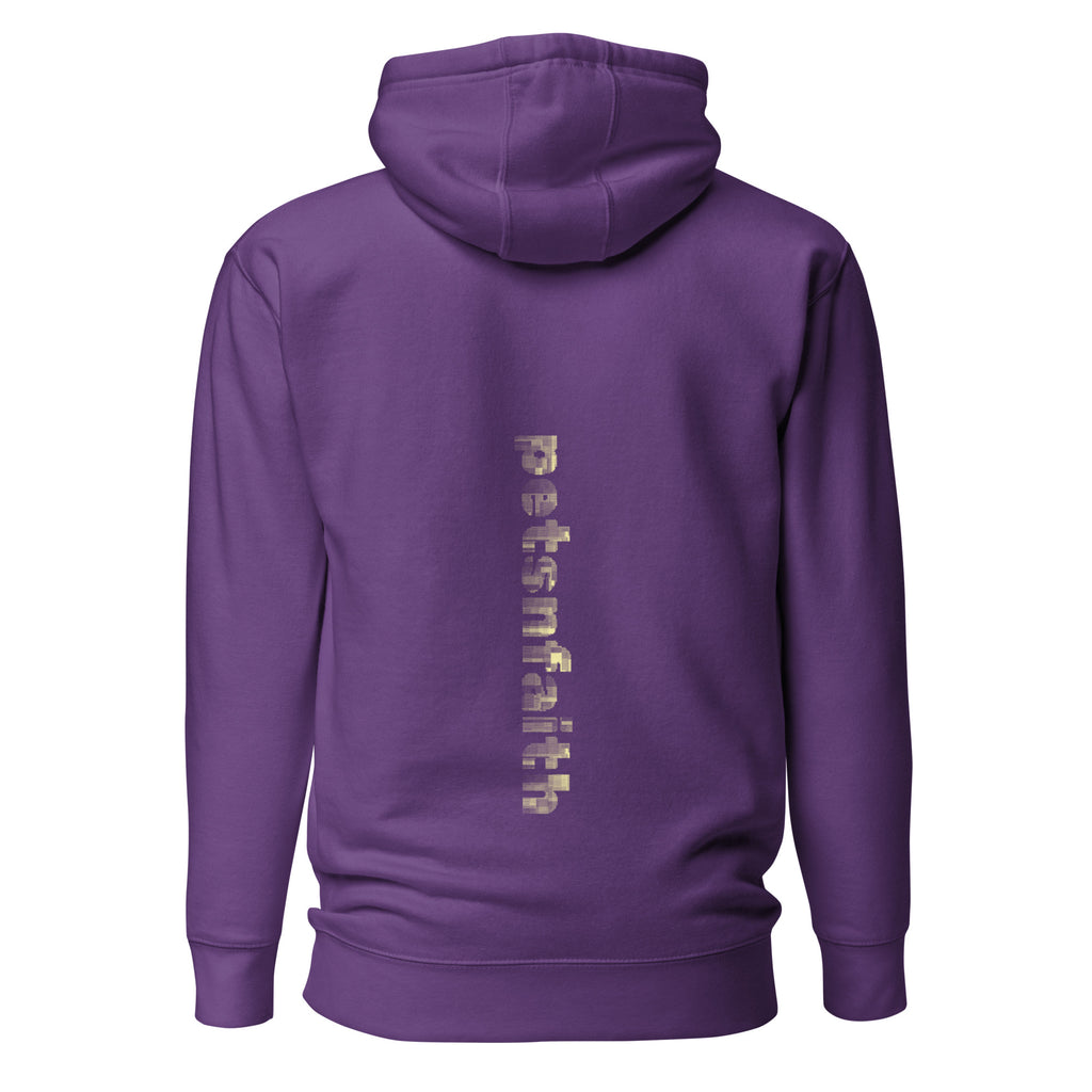Back view of purple Unisex Pets N’ Faith Hoodie with large yellow PNF logo and paw print