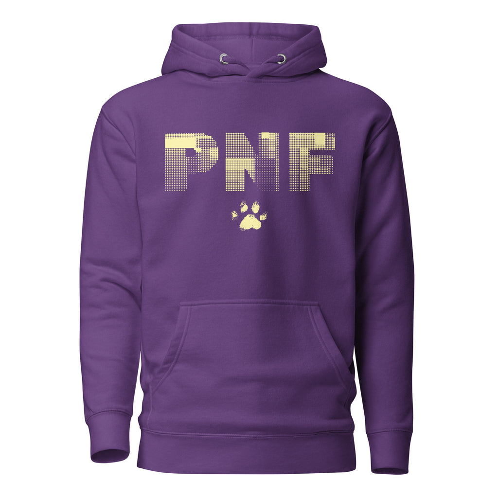 Front view of purple Unisex Pets N’ Faith Hoodie with large yellow PNF logo and paw print