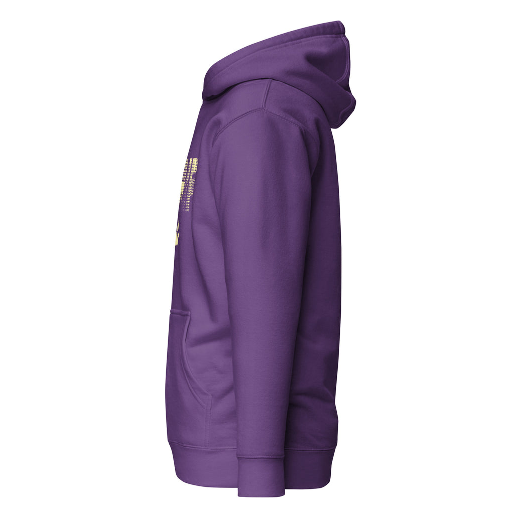 Side view of purple Unisex Pets N’ Faith Hoodie with large yellow PNF logo and paw print