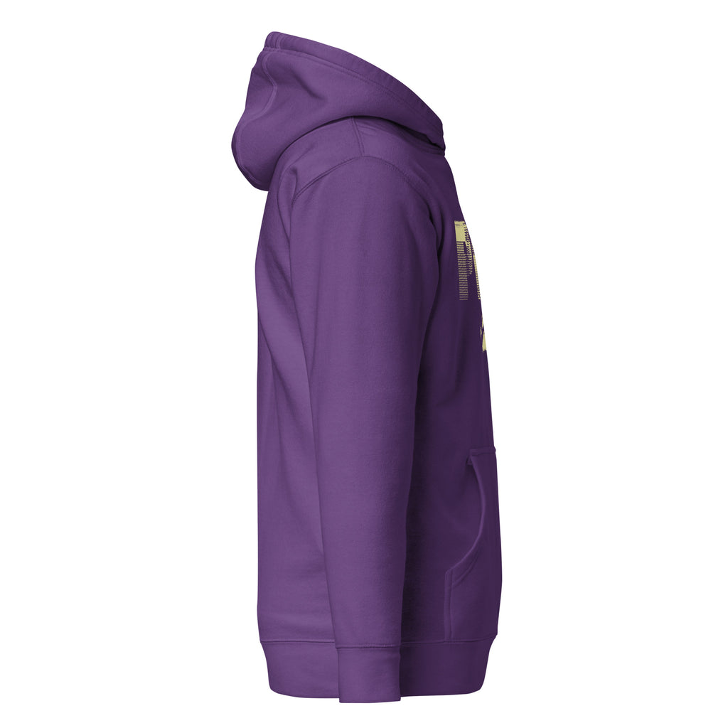 Side view of purple Unisex Pets N’ Faith Hoodie with large yellow PNF logo and paw print
