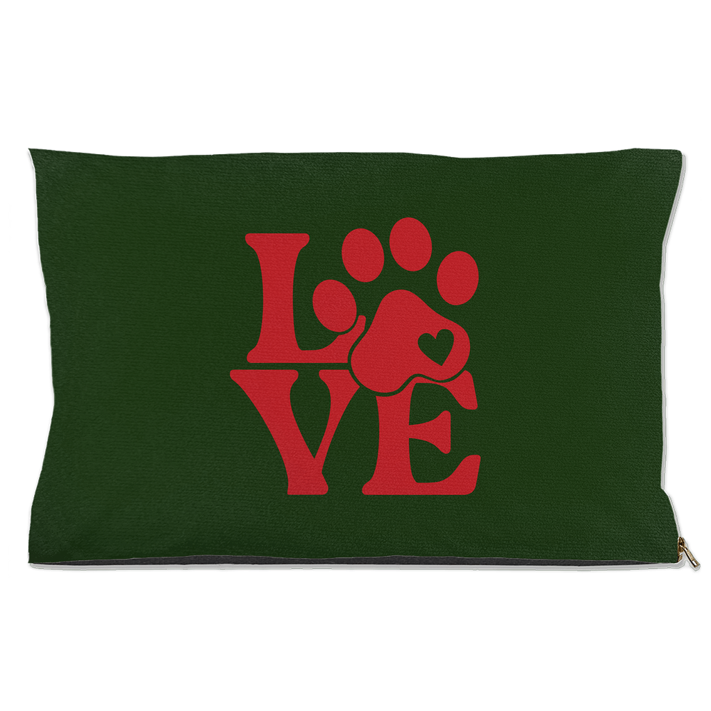 Green outdoor pet bed with red LOVE text and pawprint heart design Christian pet bed for dogs and cats.