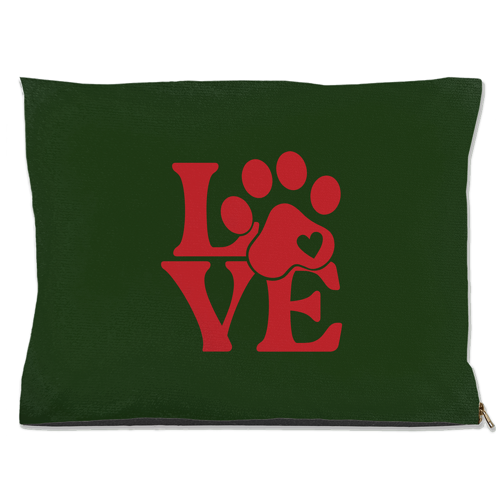 Green outdoor pet bed with red LOVE text and pawprint heart design – Christian pet bed for dogs and cats.
