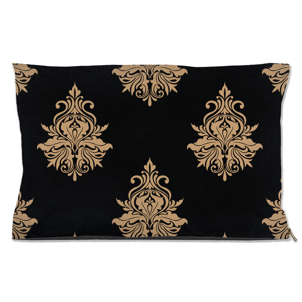 DogBed-Outdoor-18x28-20250819191539320-Black pet bed with repeating gold damask pattern.