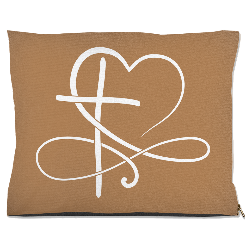 DogBed-Outdoor-40x50-20251120224650162-Tan pet bed with white cross and heart infinity design on the front