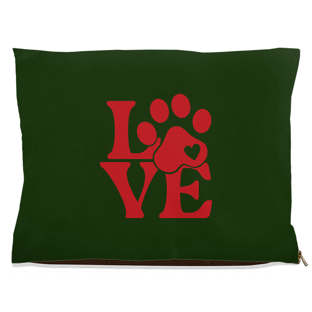 Green fleece pet bed with red LOVE text and pawprint heart design – Christian pet bed for dogs and cats.