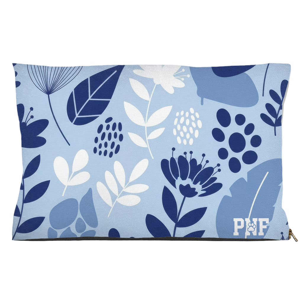 Navy Blue pet bed with navy and white floral pattern and PNF logo stylish botanical Christian pet bed.