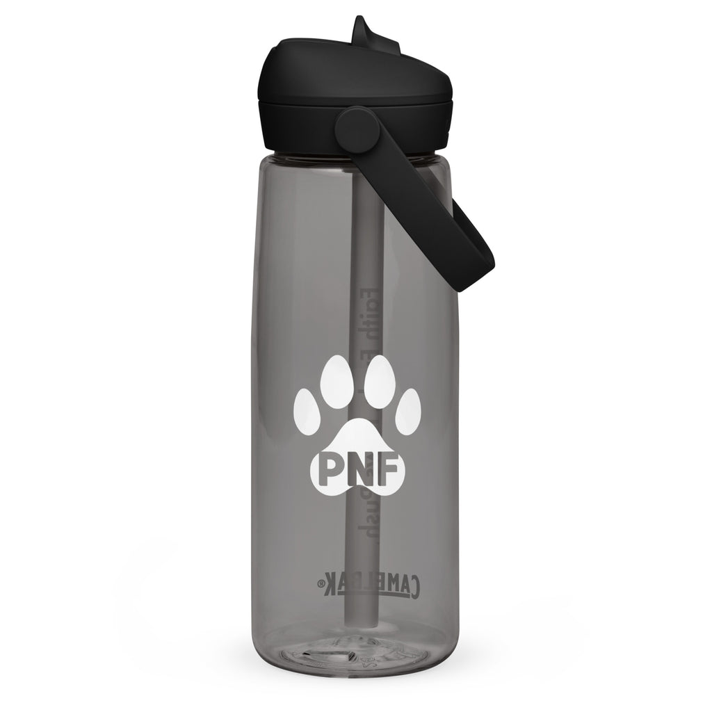 Back view of charcoal gray CamelBak® water bottle showing the PNF logo in white.