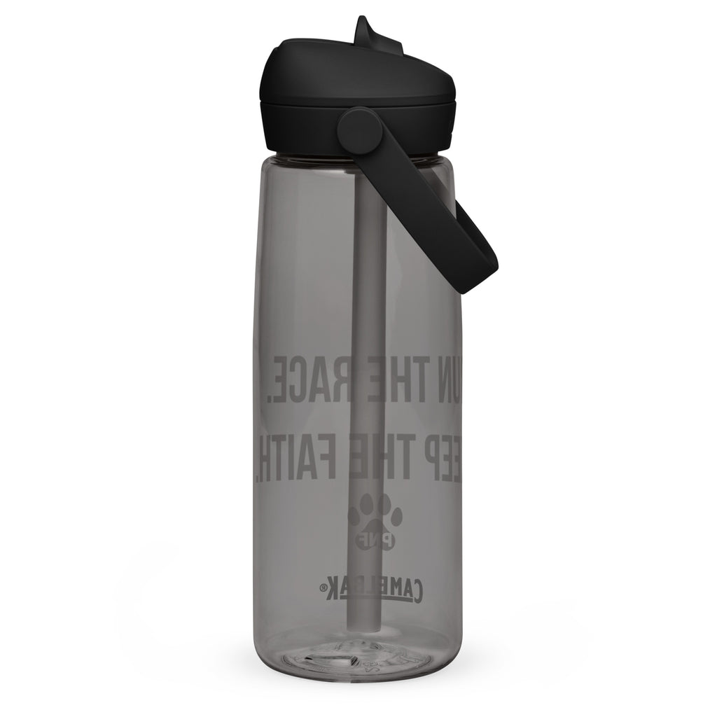 Back view of  charcoal gray CamelBak® water bottle showing "Run the Race. Walk the Dog. Keep the Faith." in white text.