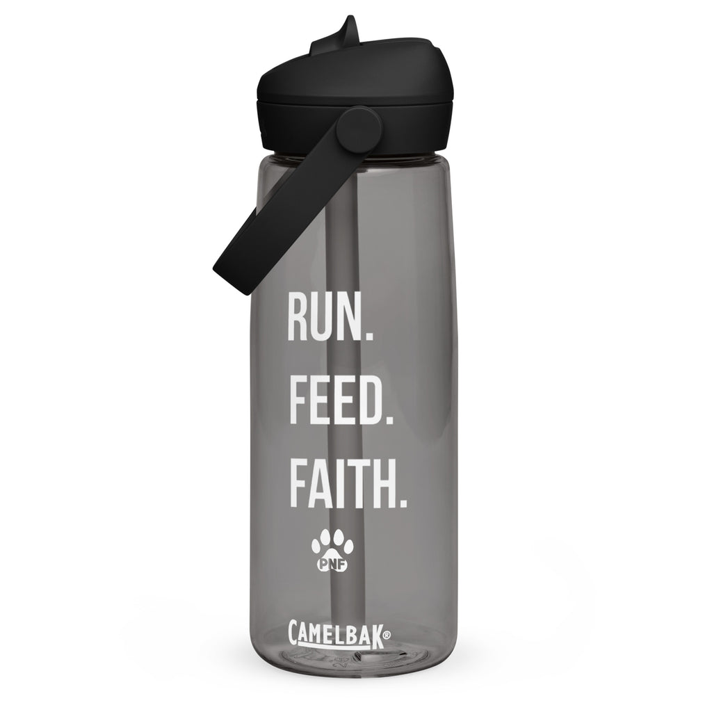 Front view of charcoal gray CamelBak® water bottle showing "Run. Feed. Faith." in white text.