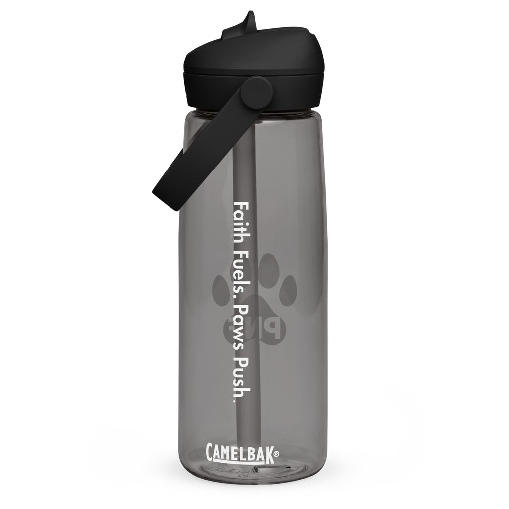 Front view of charcoal gray CamelBak® water bottle showing "Faith Fuels. Paws Push On." in white text.