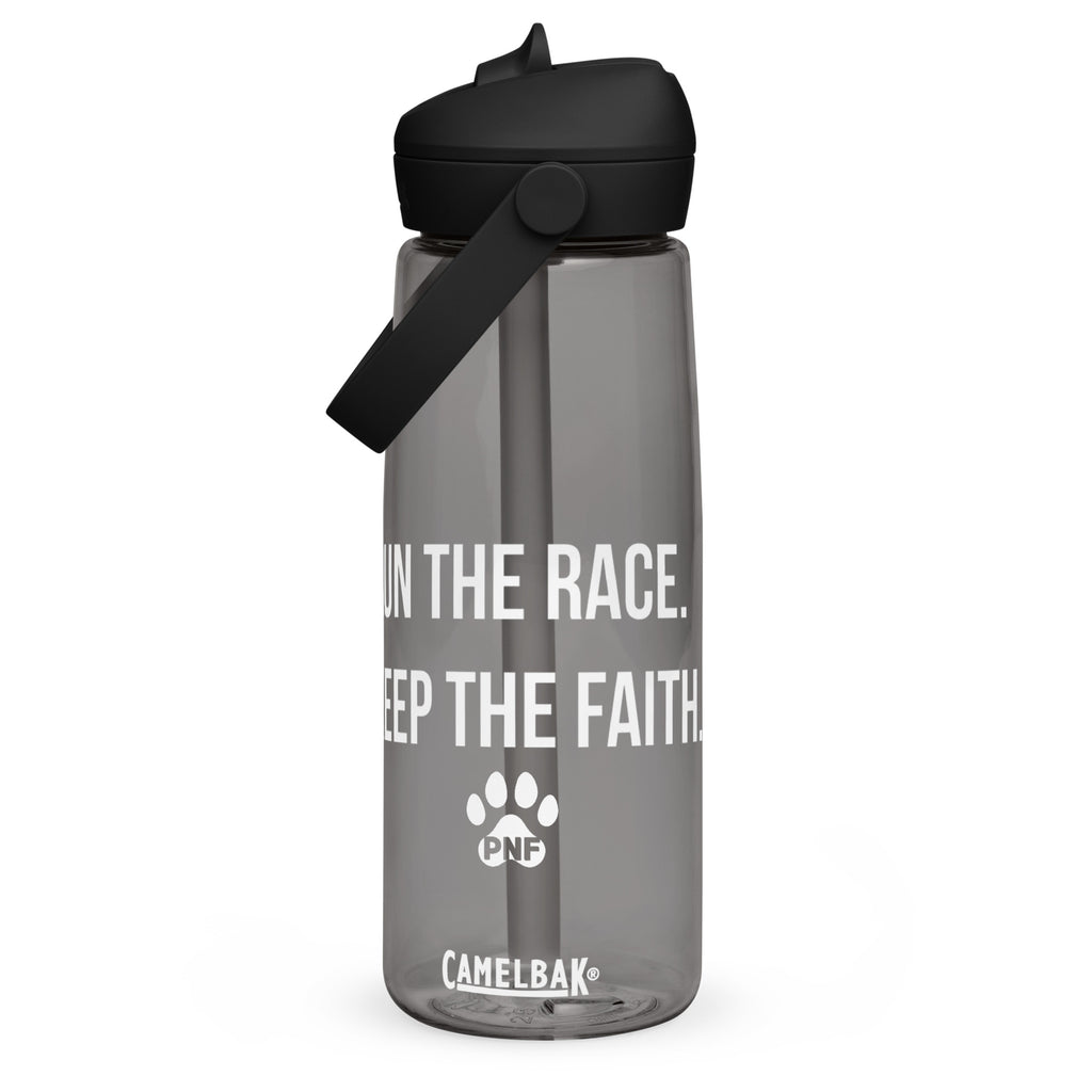 Front view of  charcoal gray CamelBak® water bottle showing "Run the Race. Keep the Faith." in white text.