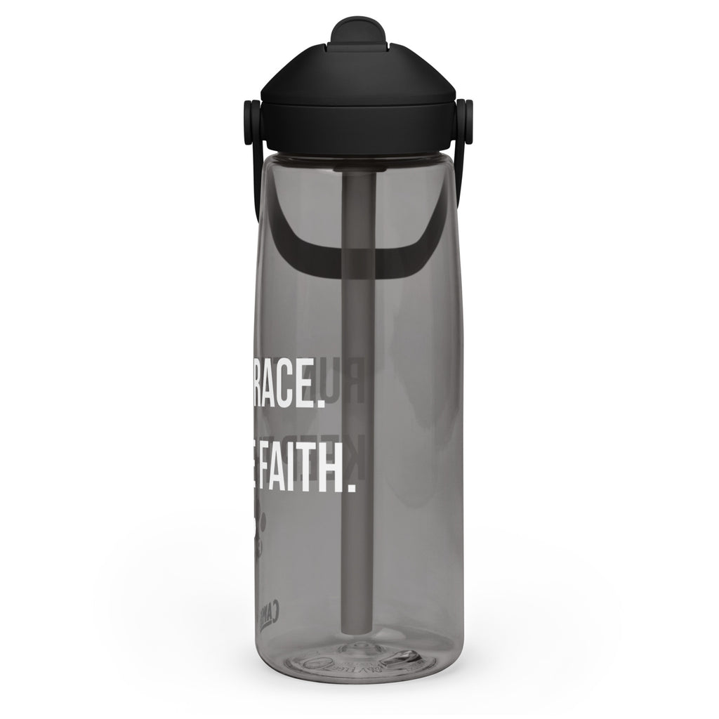 Side view of  charcoal gray CamelBak® water bottle showing "Run the Race. Walk the Dog. Keep the Faith." in white text.