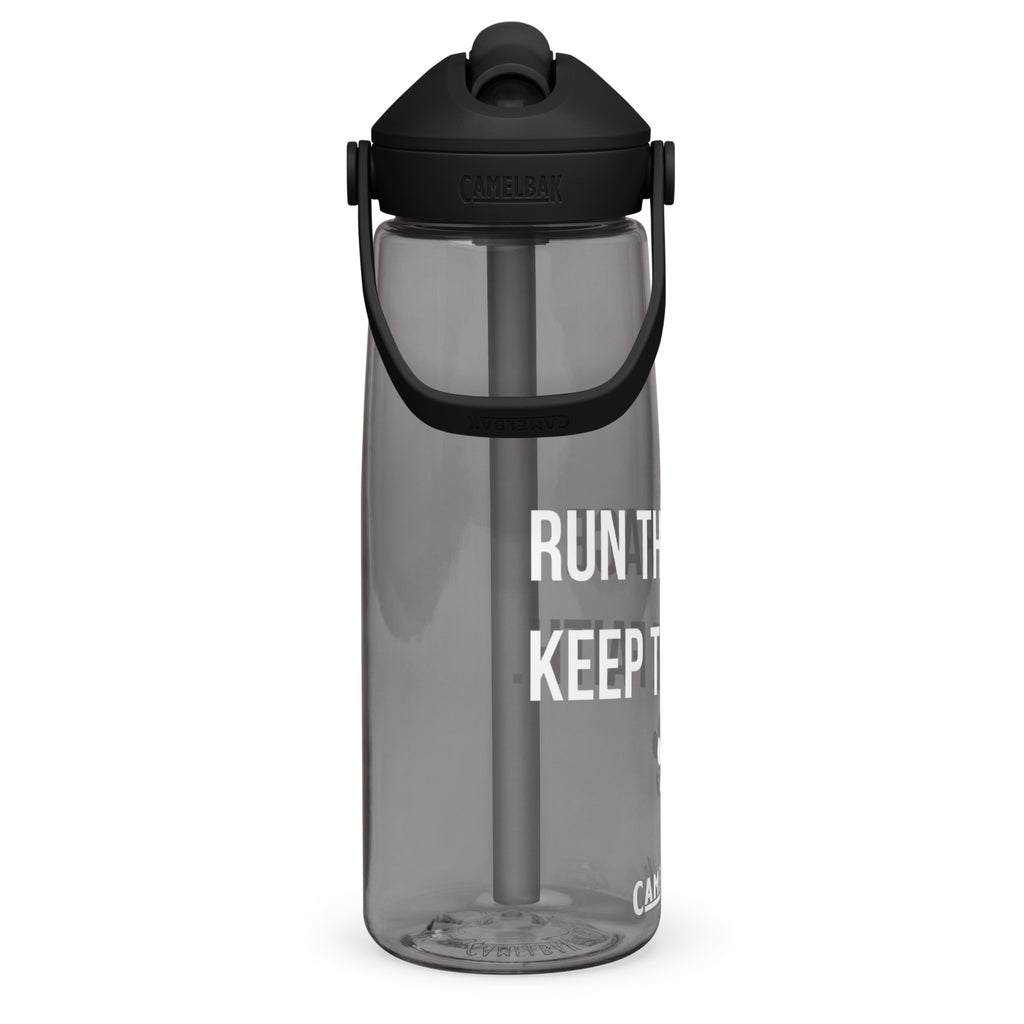 Side view of  charcoal gray CamelBak® water bottle showing "Run the Race. Walk the Dog. Keep the Faith." in white text.