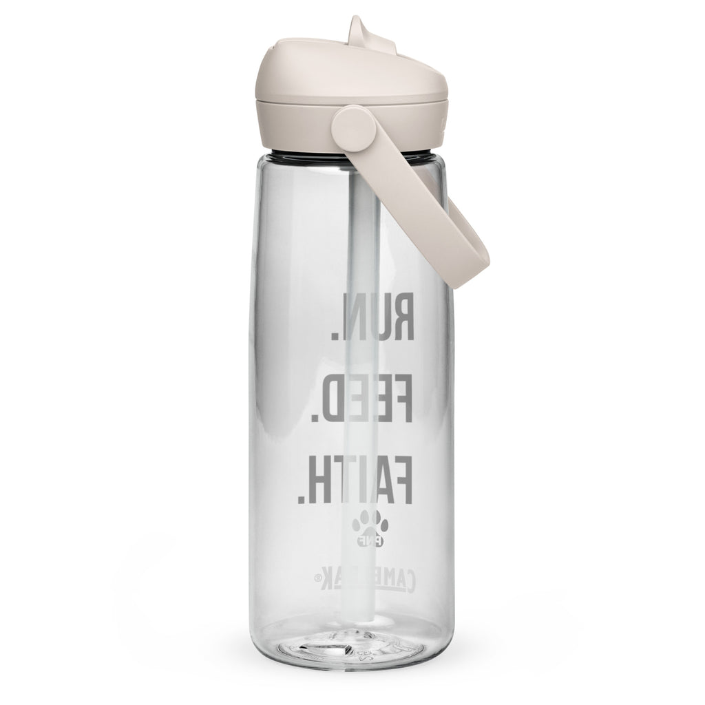 Back view of the clear CamelBak® water bottle showing "Run. Feed. Faith." in black text.