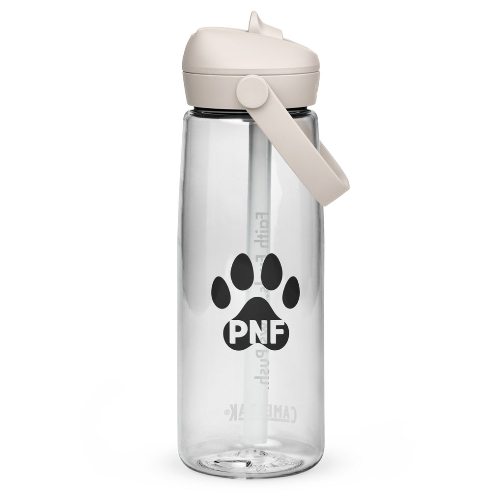 Back view of clear CamelBak® water bottle showing the PNF logo in black.