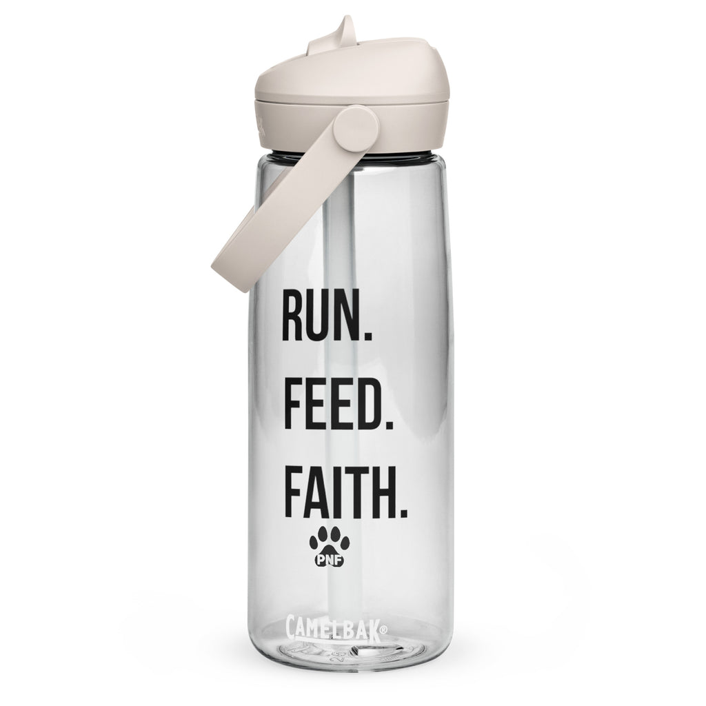 Front view of the clear CamelBak® water bottle showing "Run. Feed. Faith." in black text.