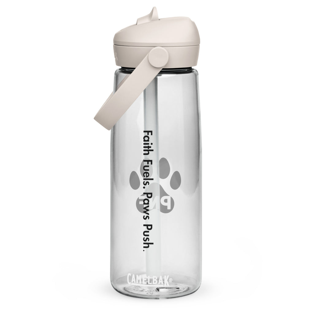 Front view of clear CamelBak® water bottle showing "Faith Fuels. Paws Push On." in black text.