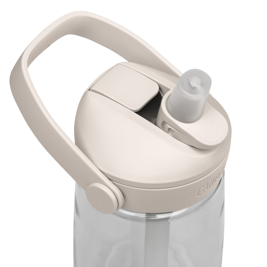 Close up view of the clear CamelBak® water bottle showing "Run. Feed. Faith." in black text.