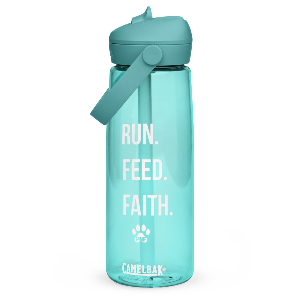 Front view of turquoise CamelBak® water bottle showing "Run. Feed. Faith." in white text.