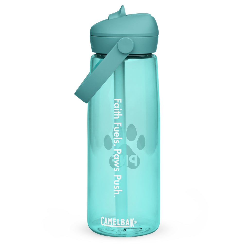 Front view of cove CamelBak® water bottle showing "Faith Fuels. Paws Push On." in white text.