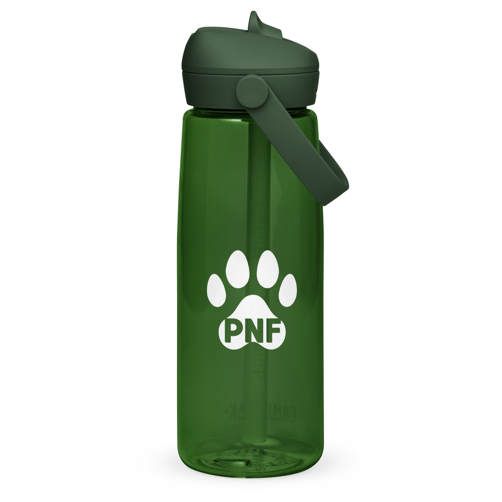 Back view of forest green CamelBak® water bottle showing the PNF logo in white.