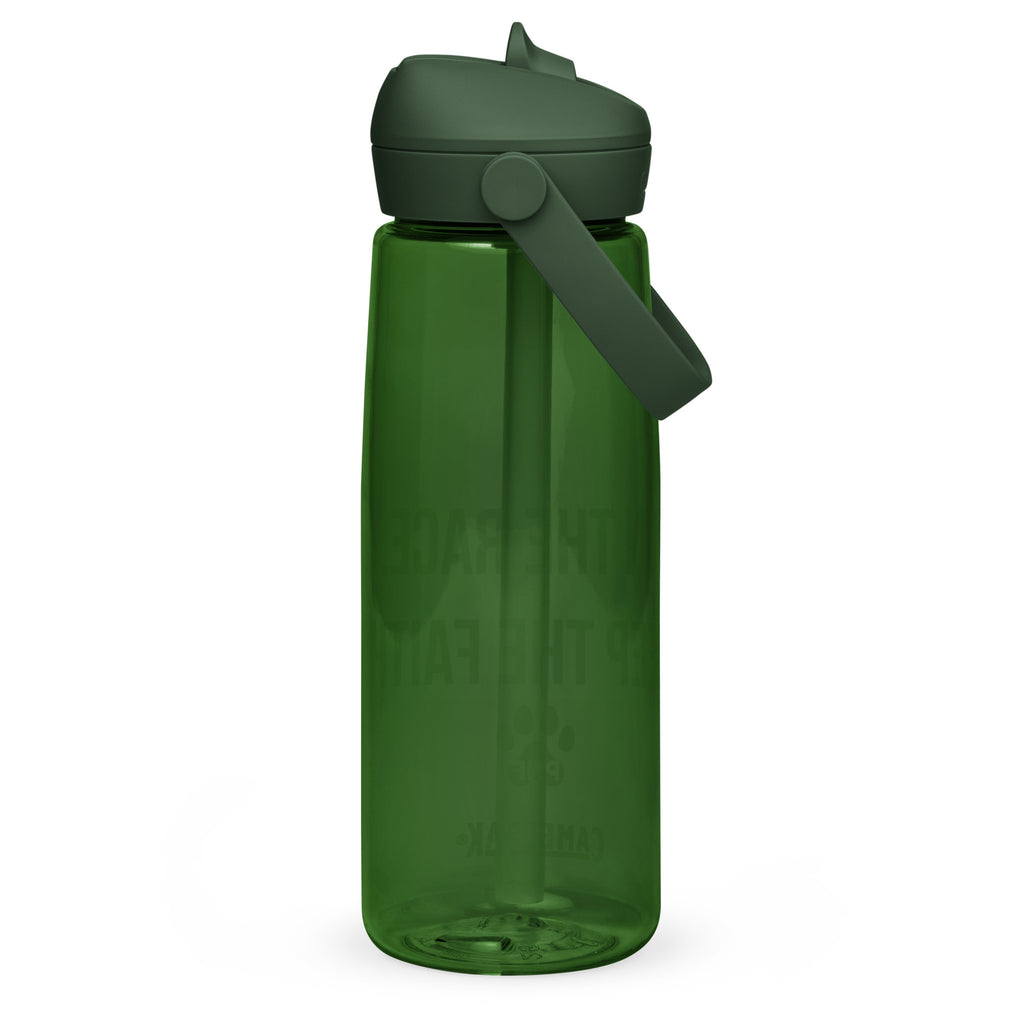 Back view of dark green CamelBak® water bottle showing "Run the Race. Keep the Faith." in white text.