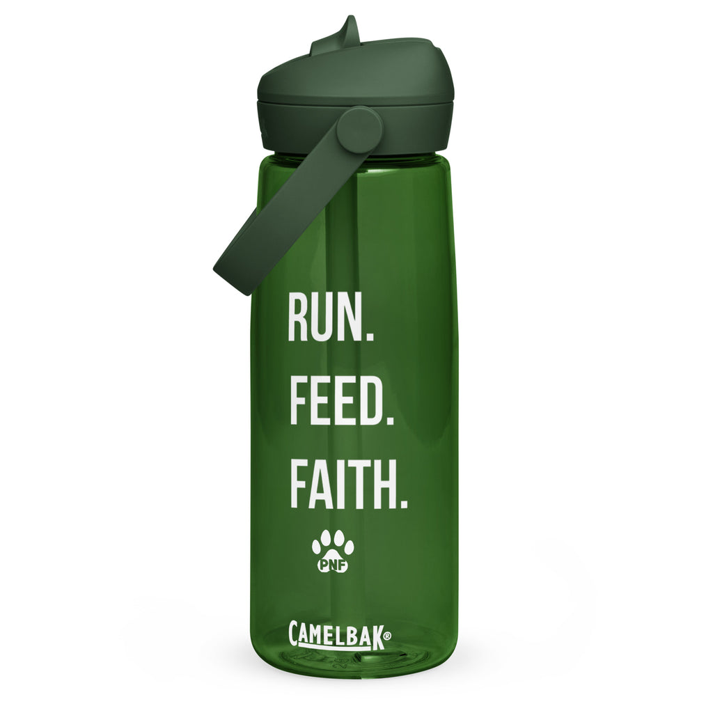 Front view of green CamelBak® water bottle showing "Run. Feed. Faith." in white text.