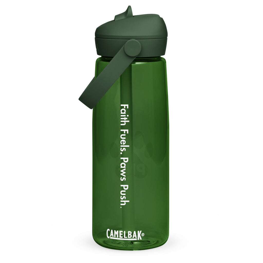 Front view of forest green CamelBak® water bottle showing "Faith Fuels. Paws Push On." in white text.