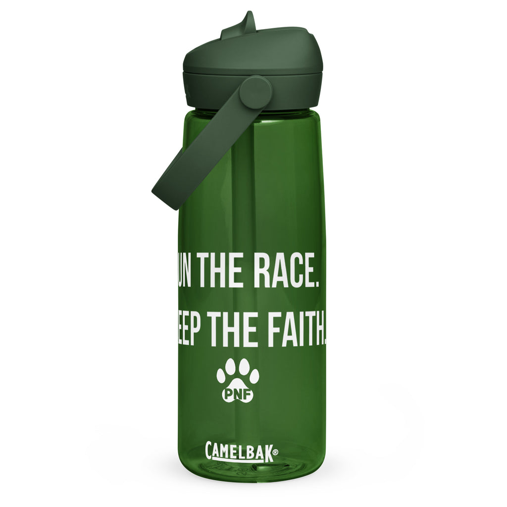 Front view of dark green CamelBak® water bottle showing "Run the Race. Keep the Faith." in white text.